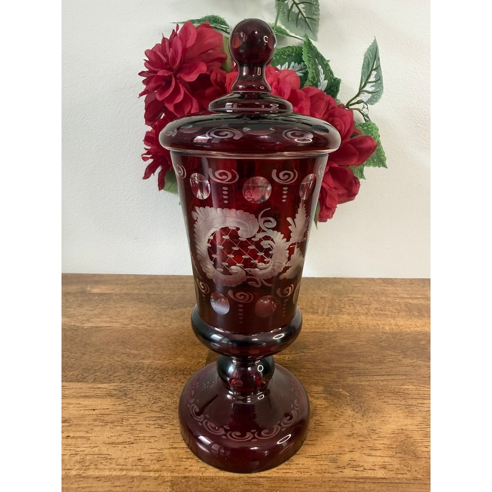 Vintage Bohemian‎ Ruby Red Crystal Covered Goblet Candy Jar Etched Czech Glass